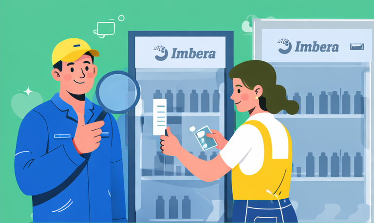 Técnico observando y enseñando los cuidados a cliente mujer de su refrigerador o congelador Imbera.