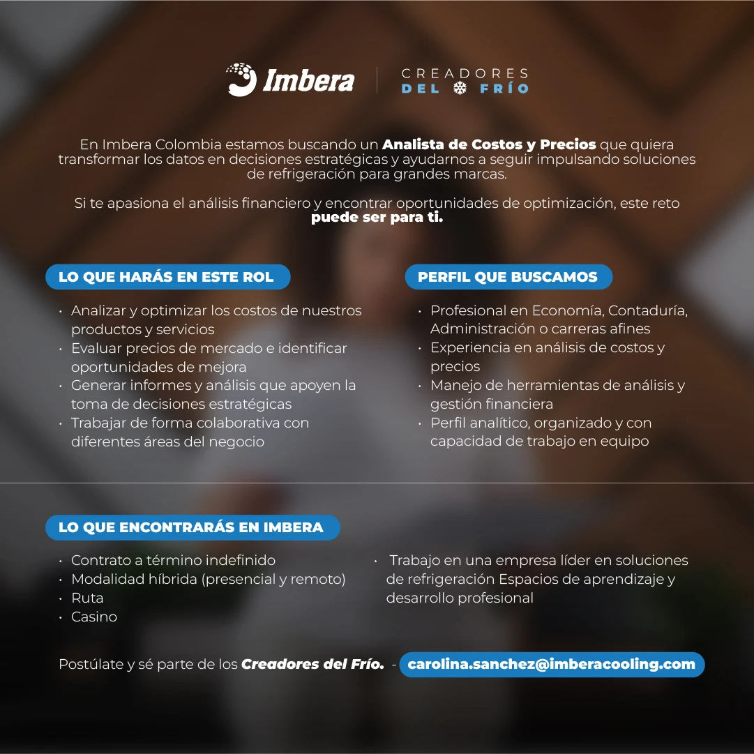 Oferta laboral Imbera Colombia Analista de costos y precios