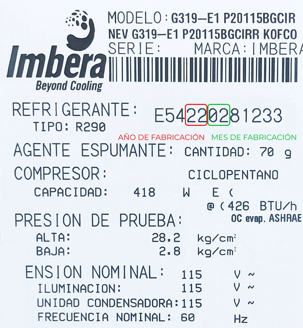 Etiqueta del refrigerador para conocer el número de serie.